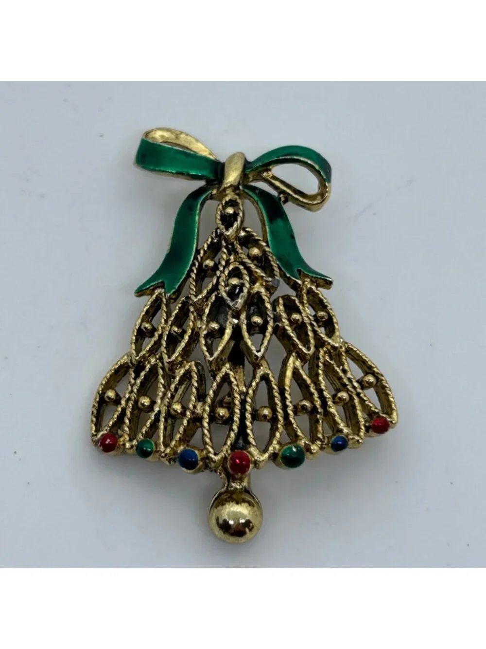 Vintage Christmas Tree Bell-Shape Brooch Gold Tone Green Enamel Bow Holiday Pin